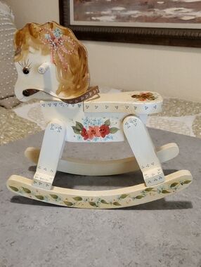 VINTAGE Hand-Painted Cream Floral Wooden Rocking Horse